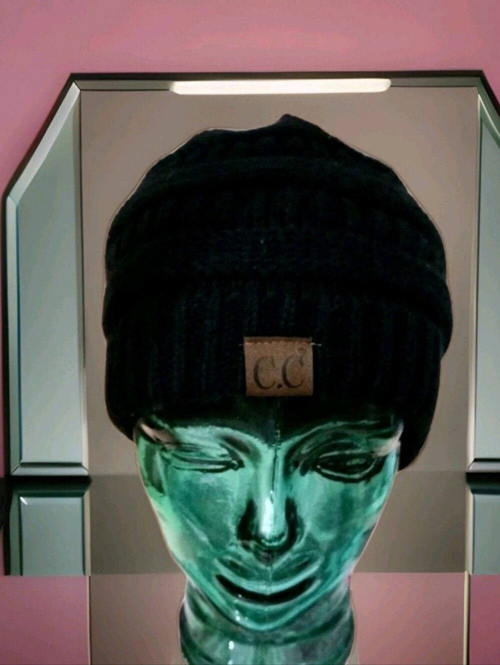 C.C Black Ribbed Knit Beanie with Logo Patch